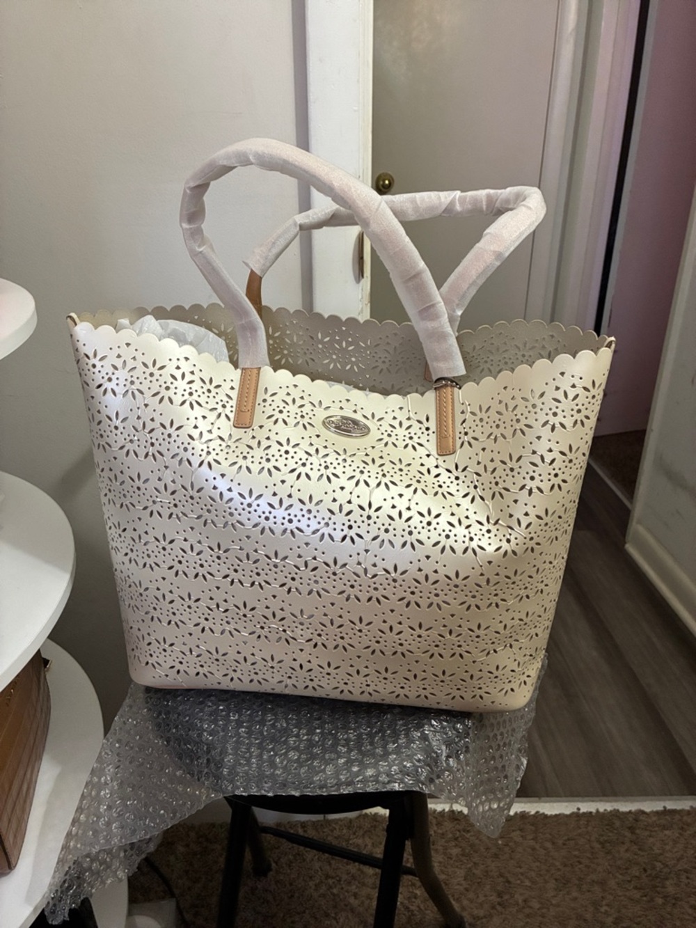 Coach Cream Laser-Cut Floral Tote with Scalloped Top